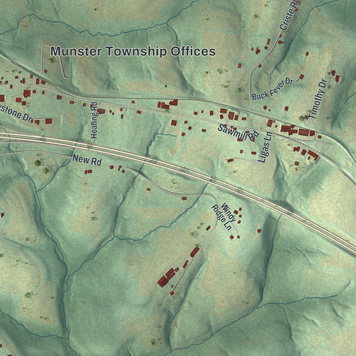 Close-up of the map of Munster, Pennsylvania print showing street and building detail
