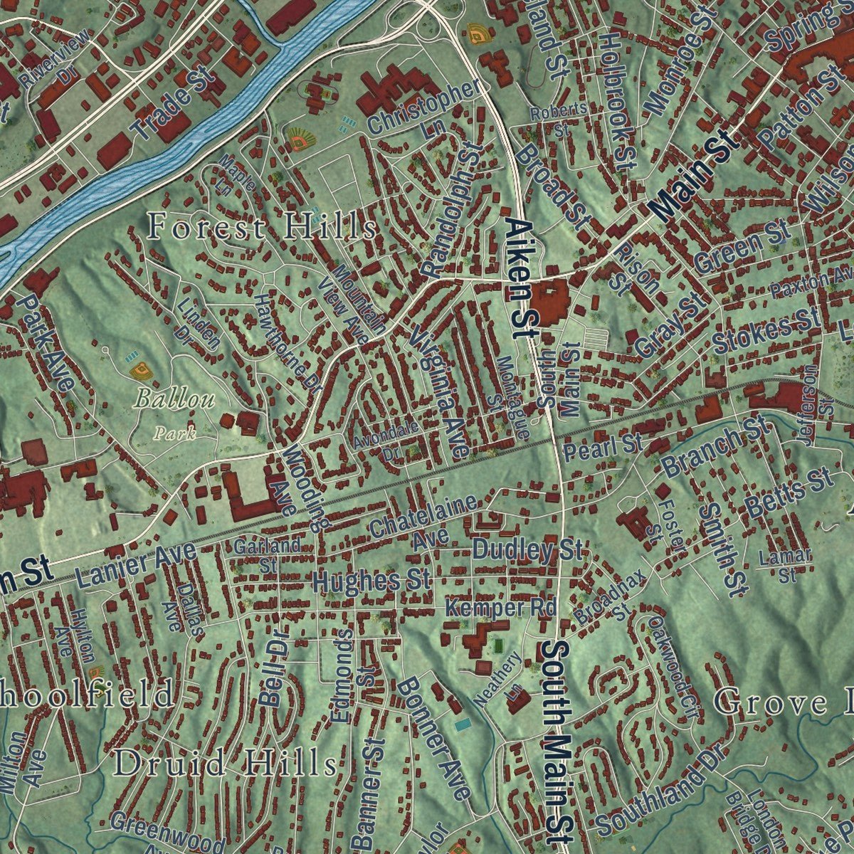Close-up of the map of Danville, Virginia print showing street and building detail