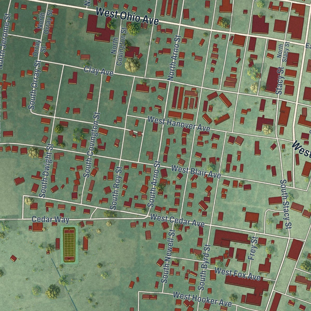 Close-up of the map of Coalgate, Oklahoma print showing street and building detail
