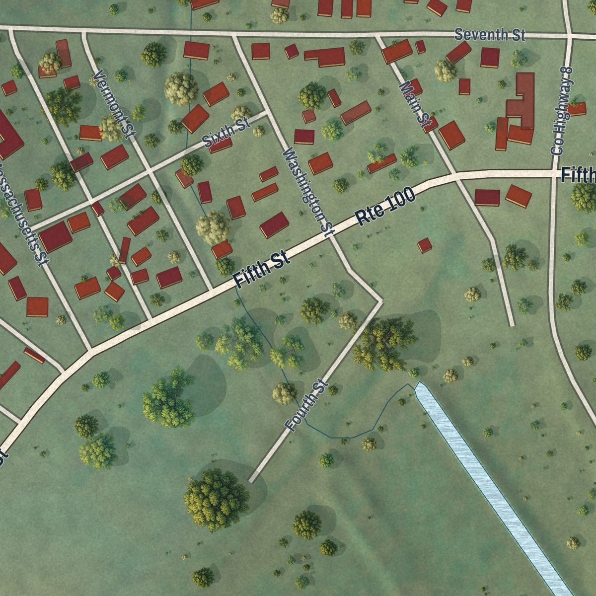 Close-up of the map of Browning, Illinois print showing street and building detail