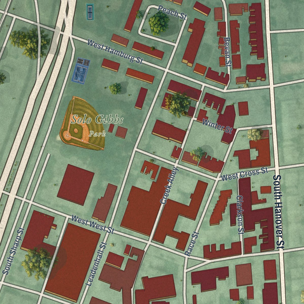Close-up of the map of Sharp-Leadenhall, Maryland print showing street and building detail