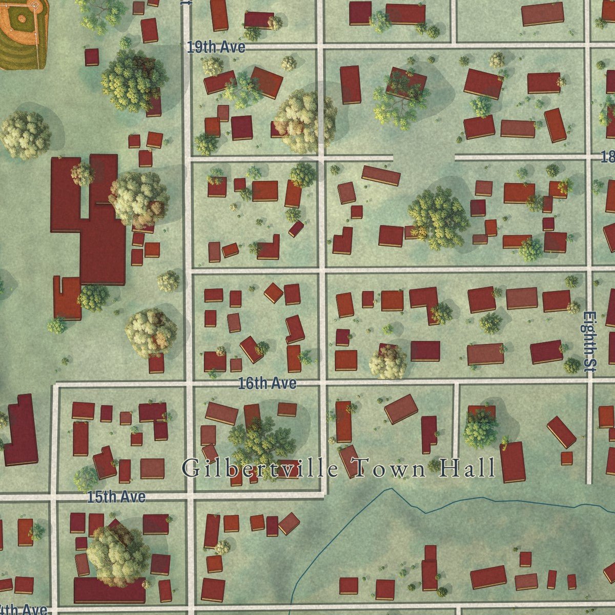 Close-up of the map of Gilbertville, Iowa print showing street and building detail