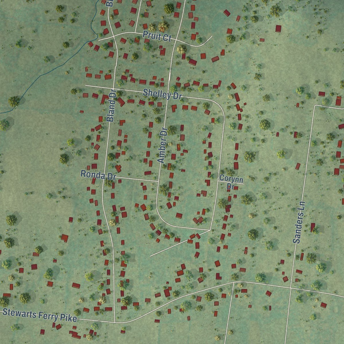 Close-up of the map of Gladeville, Tennessee print showing street and building detail
