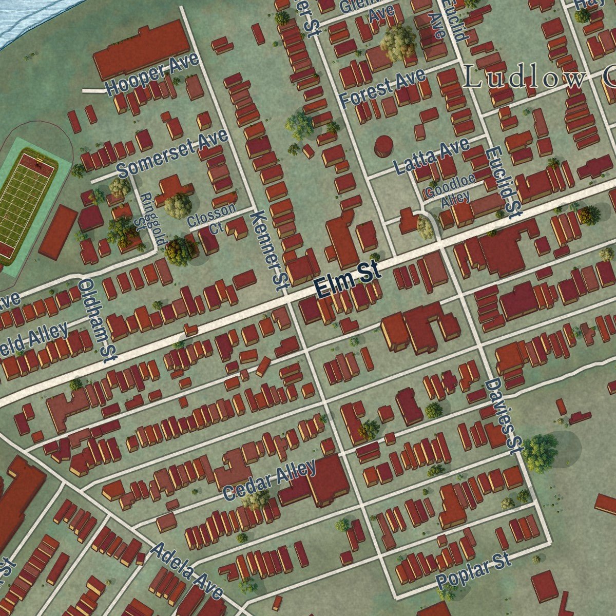 Close-up of the map of Ludlow, Kentucky print showing street and building detail
