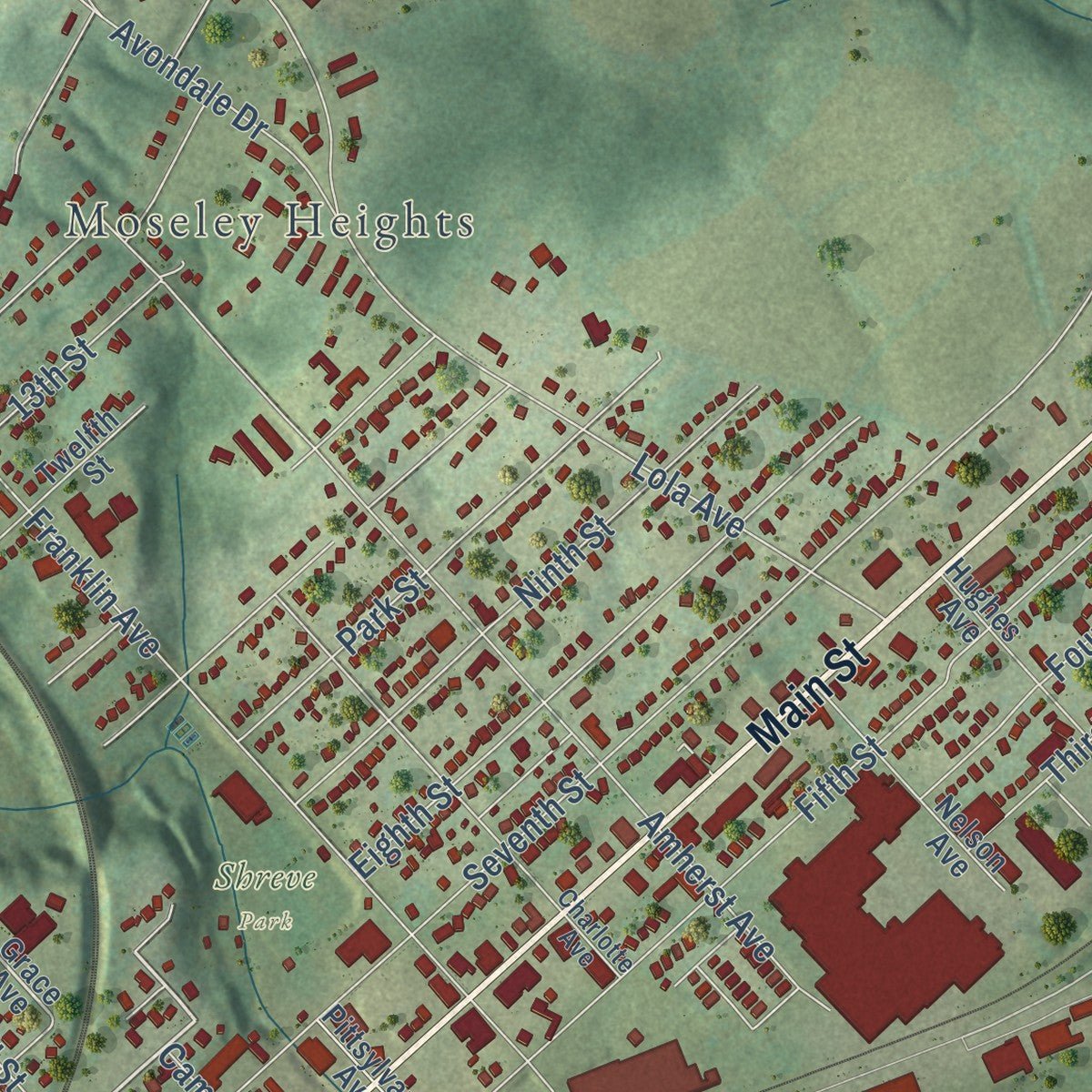 Close-up of the map of Altavista, Virginia print showing street and building detail