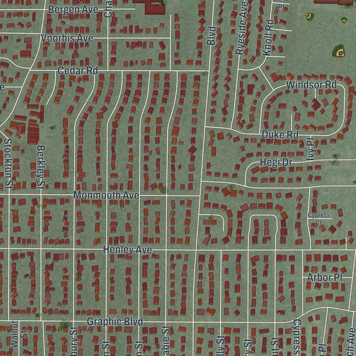 Close-up of the map of New Milford, New Jersey print showing street and building detail