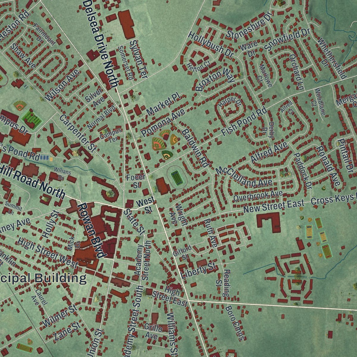 Close-up of the map of Glassboro, New Jersey print showing street and building detail