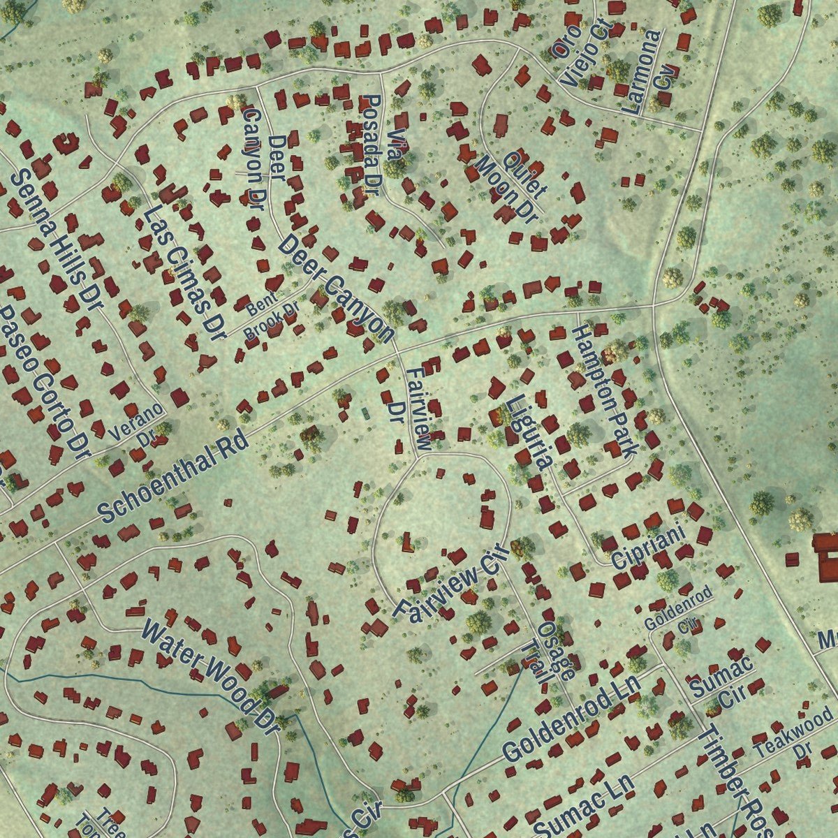 Close-up of the map of Garden Ridge, Texas print showing street and building detail
