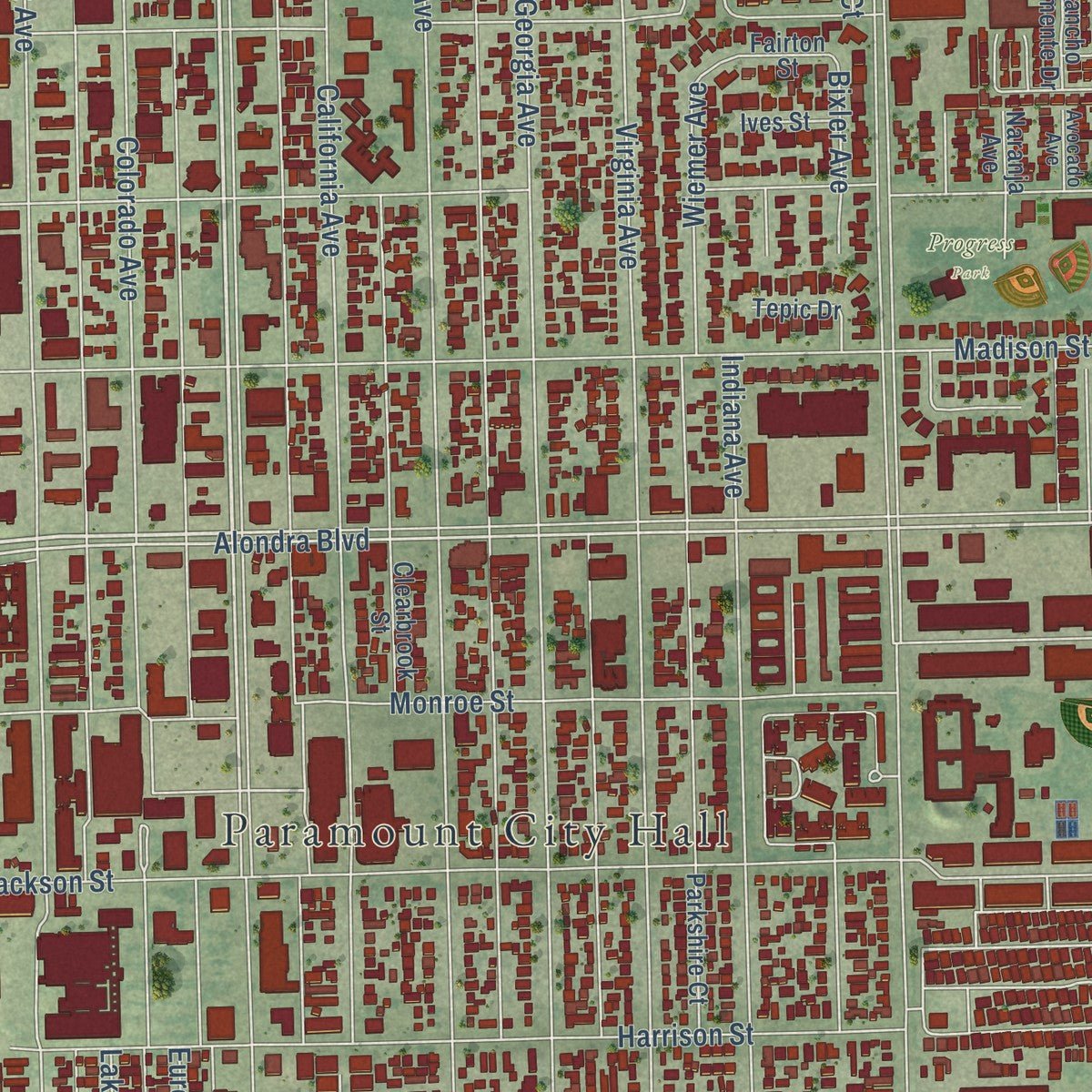 Close-up of the map of Paramount, California print showing street and building detail