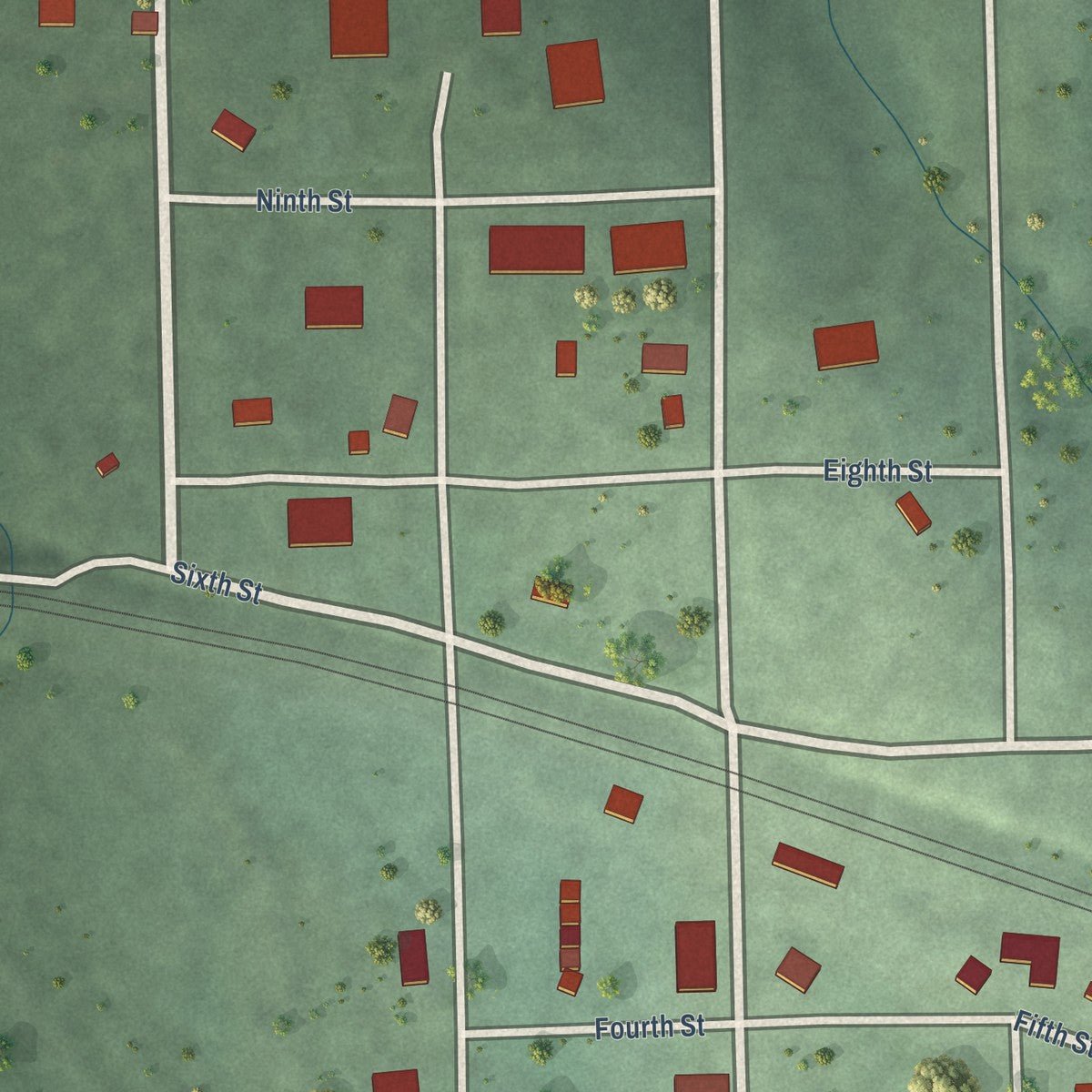 Close-up of the map of Belvidere, Nebraska print showing street and building detail