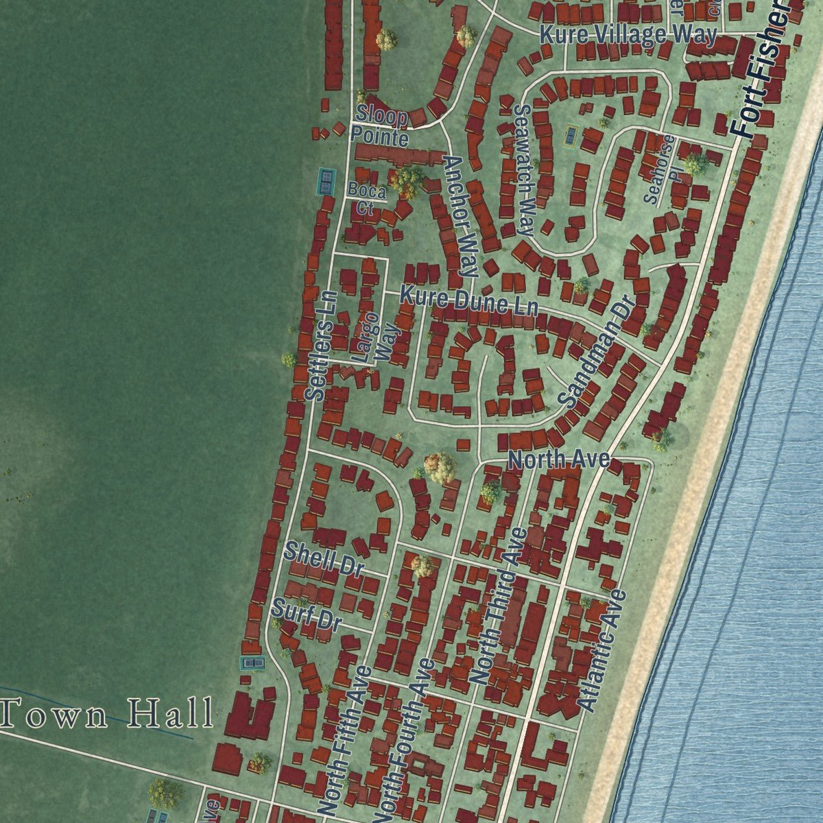 Close-up of the map of Kure Beach, North Carolina print showing street and building detail