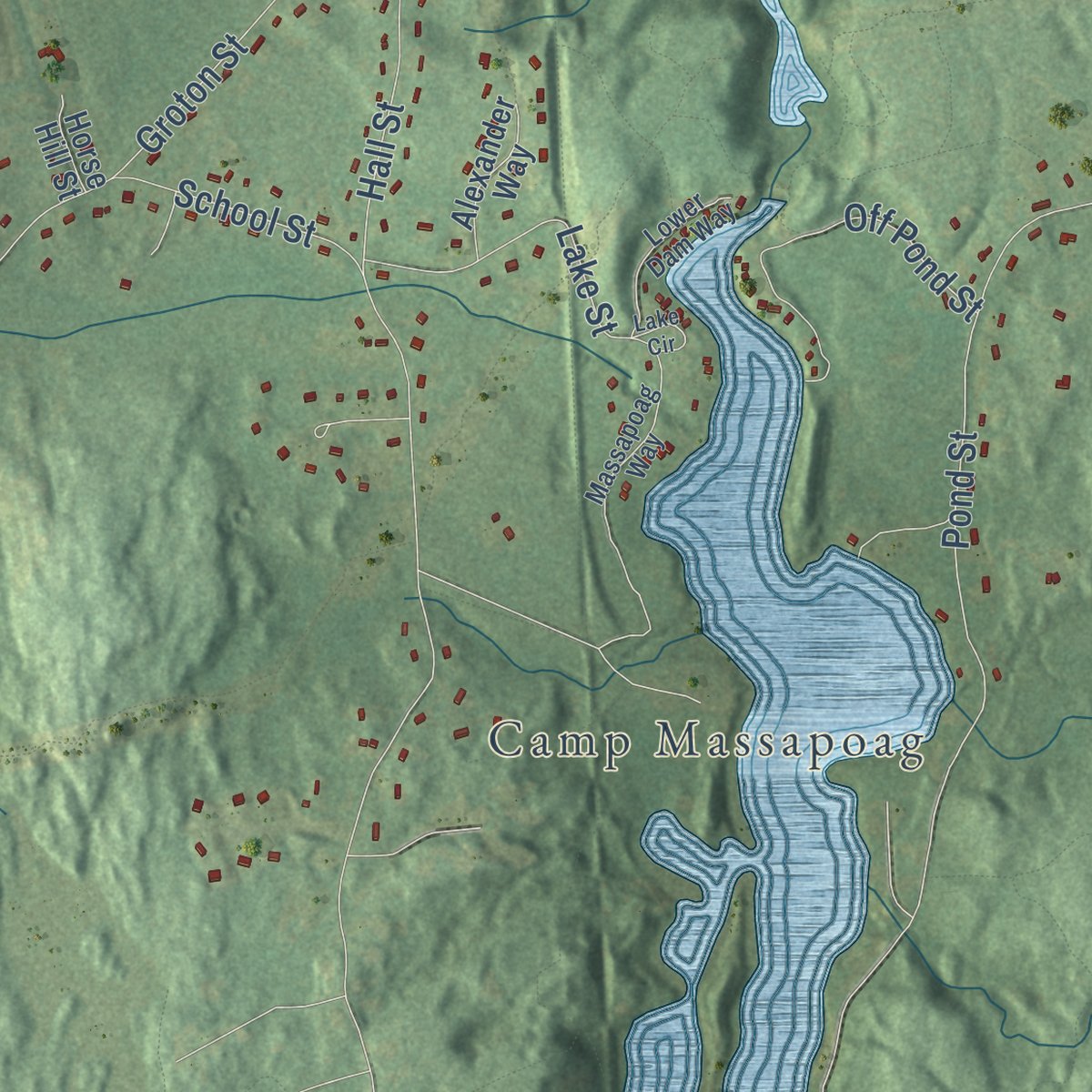 Close-up of the map of Dunstable, Massachusetts print showing street and building detail