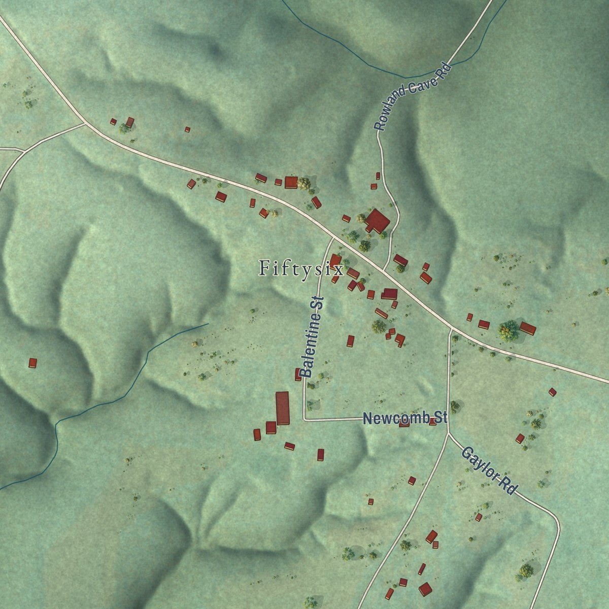 Close-up of the map of Fifty-Six, Arkansas print showing street and building detail