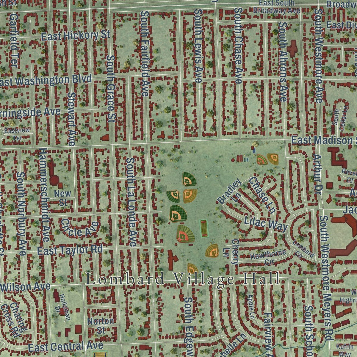 Close-up of the map of Lombard, Illinois print showing street and building detail