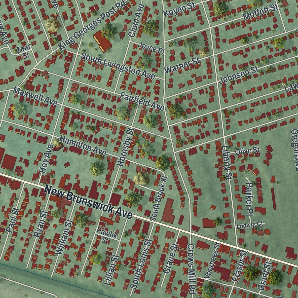 Close-up of the map of Fords, New Jersey print showing street and building detail