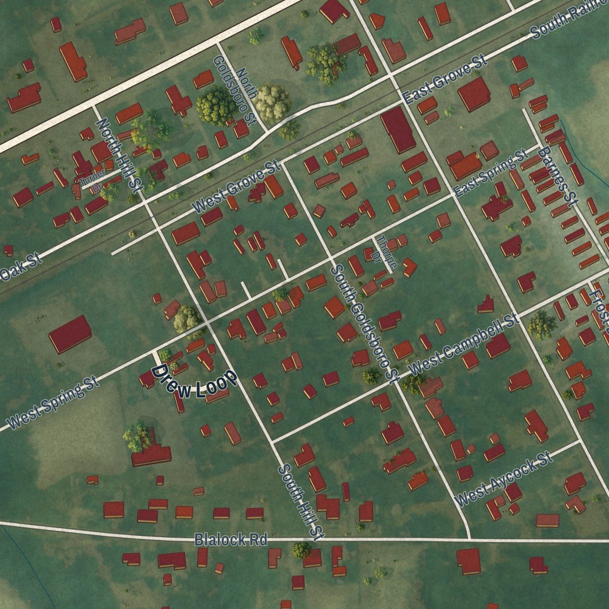 Close-up of the map of Lucama, North Carolina print showing street and building detail