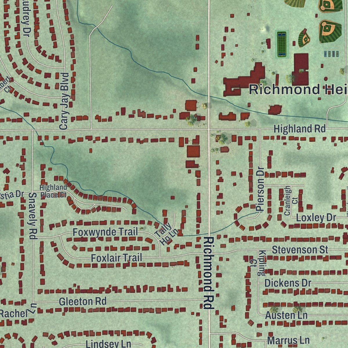 Close-up of the map of Richmond Heights, Ohio print showing street and building detail