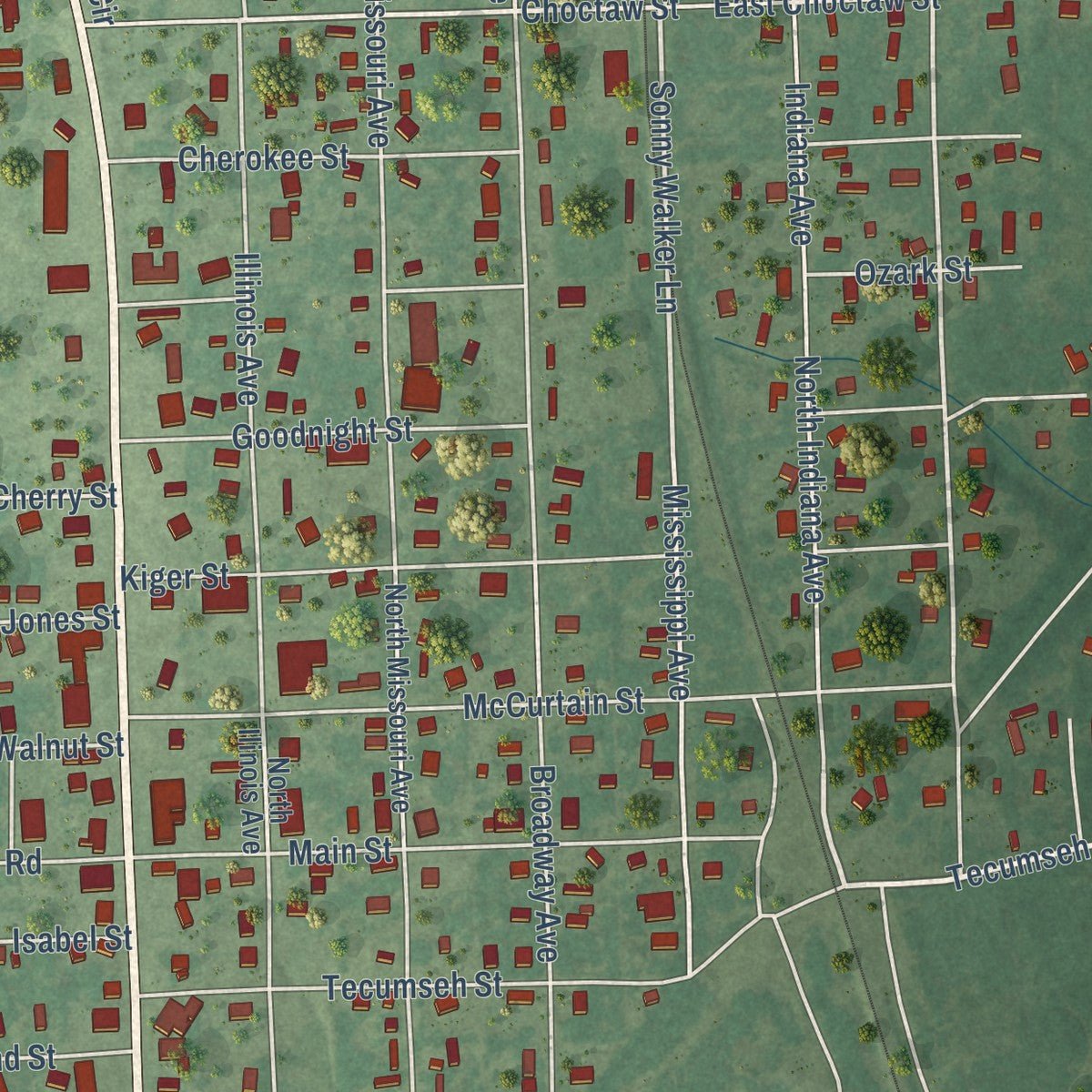Close-up of the map of Panama, Oklahoma print showing street and building detail
