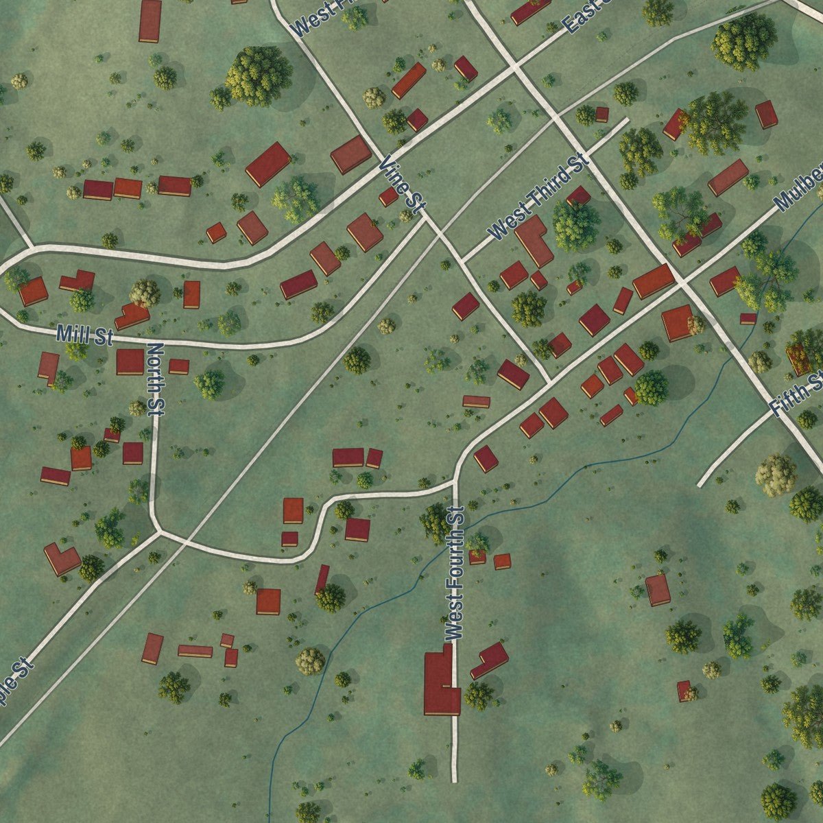 Close-up of the map of New Burnside, Illinois print showing street and building detail