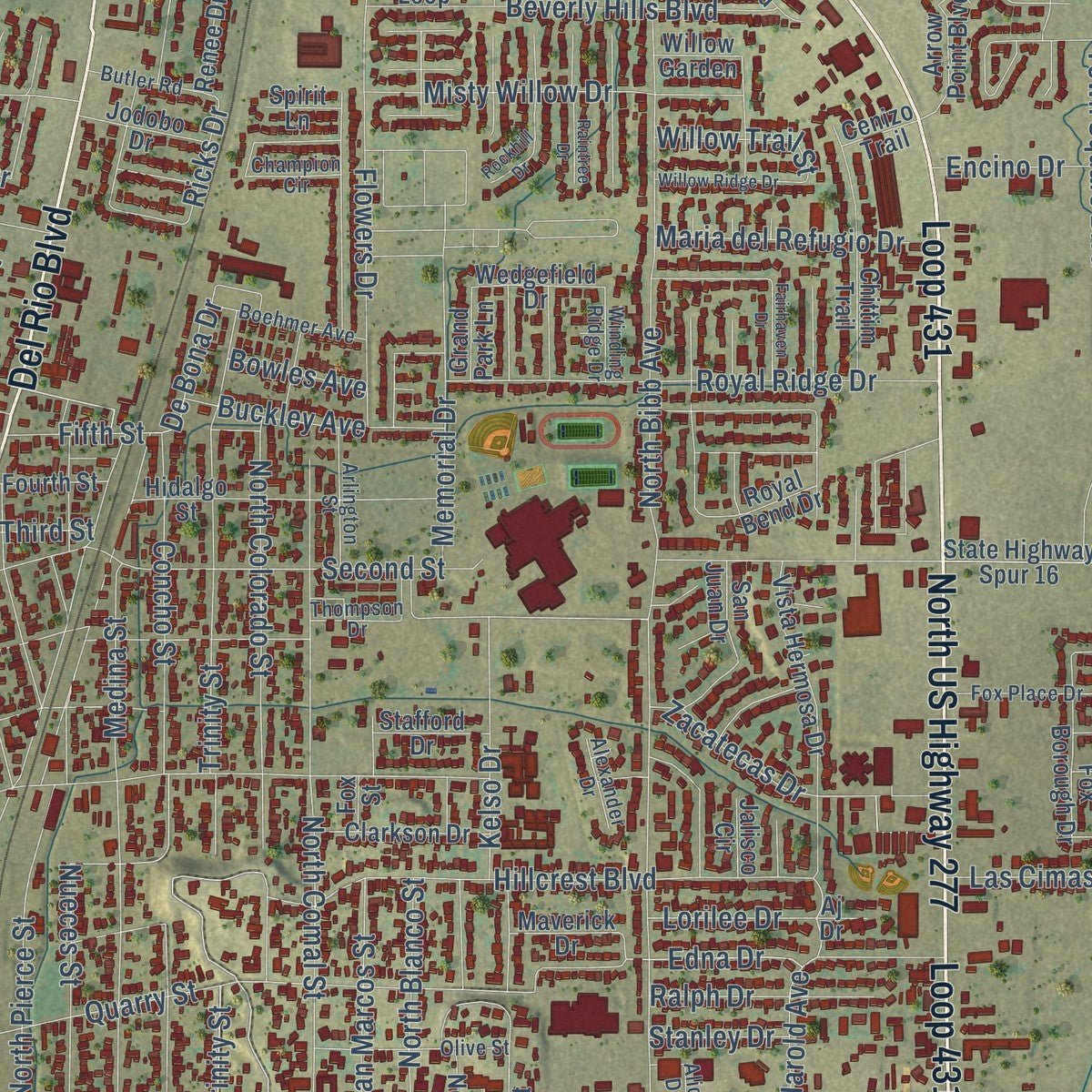 Close-up of the map of Eagle Pass, Texas print showing street and building detail