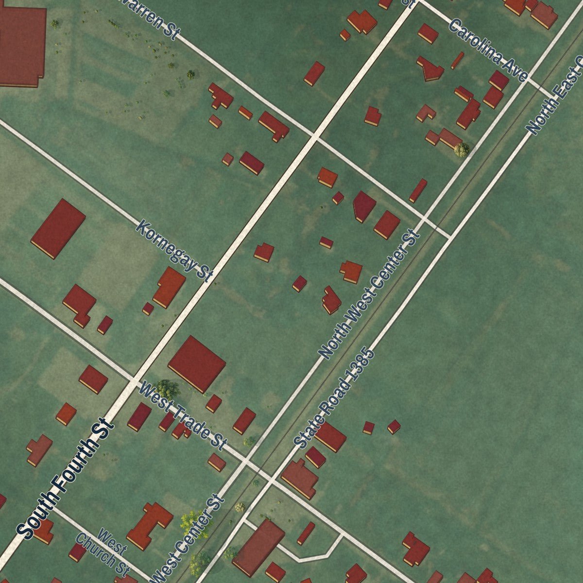 Close-up of the map of Calypso, North Carolina print showing street and building detail
