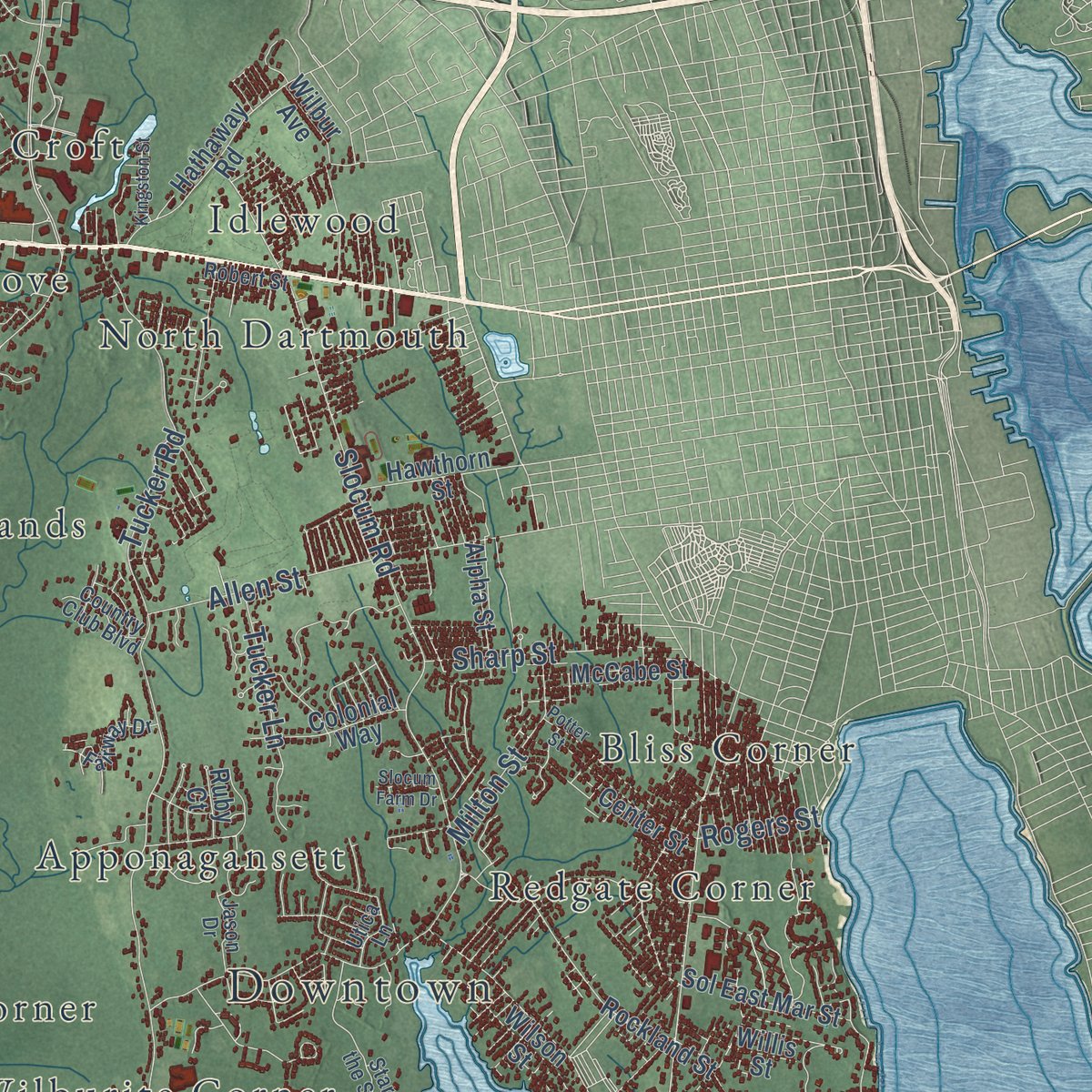 Close-up of the map of Dartmouth, Massachusetts print showing street and building detail