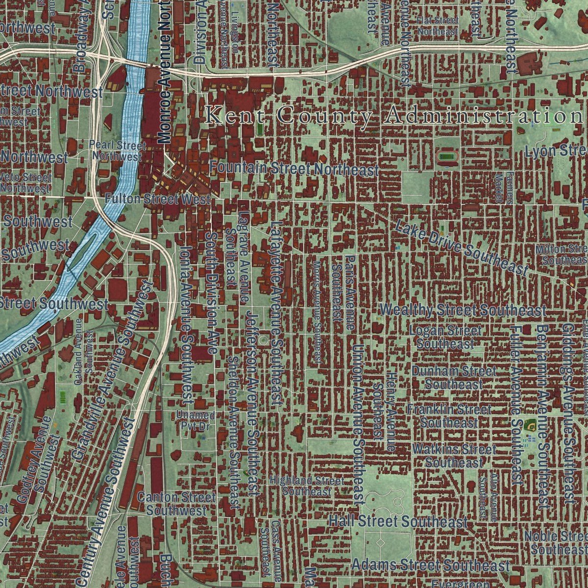 Close-up of the map of Grand Rapids, Michigan print showing street and building detail
