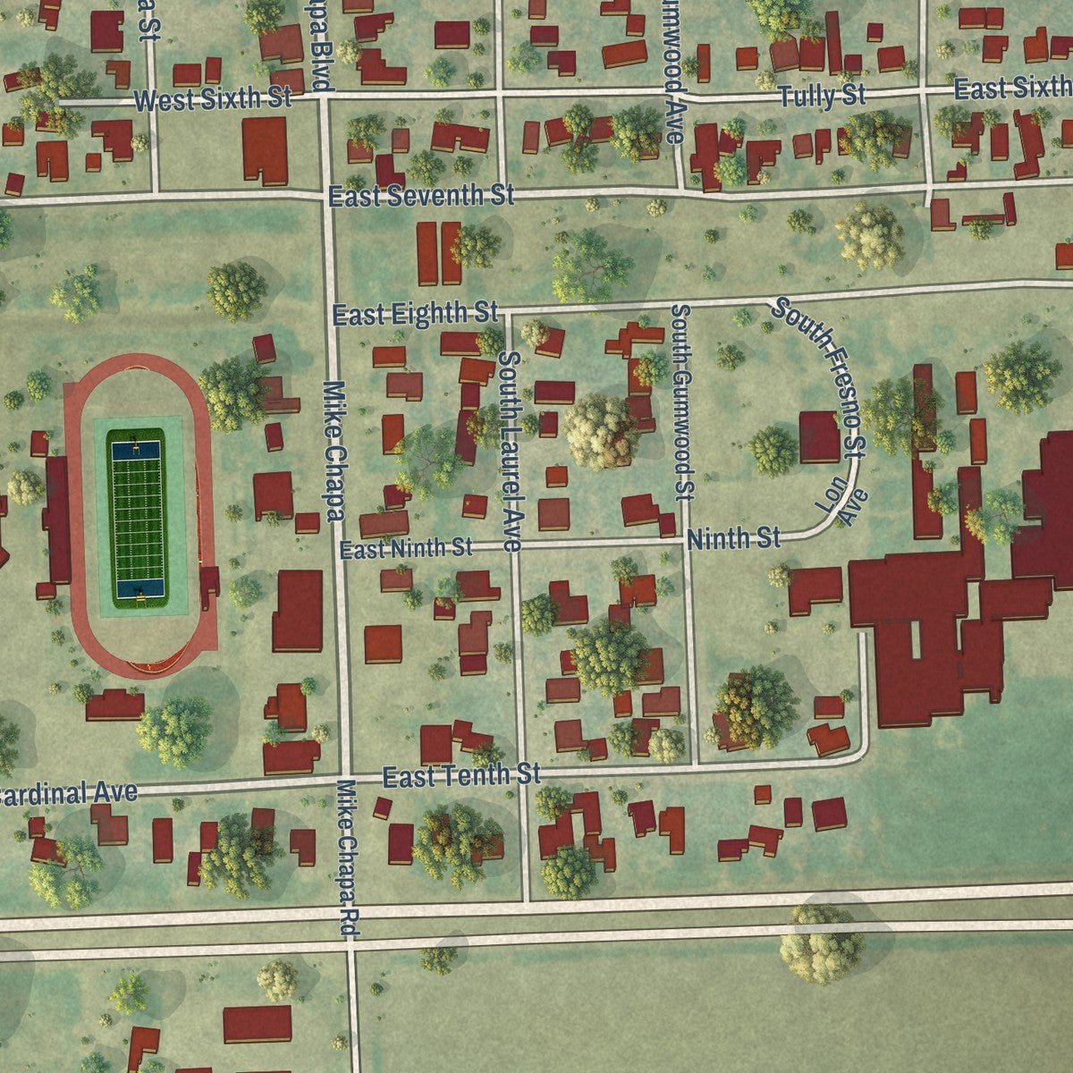 Close-up of the map of La Villa, Texas print showing street and building detail
