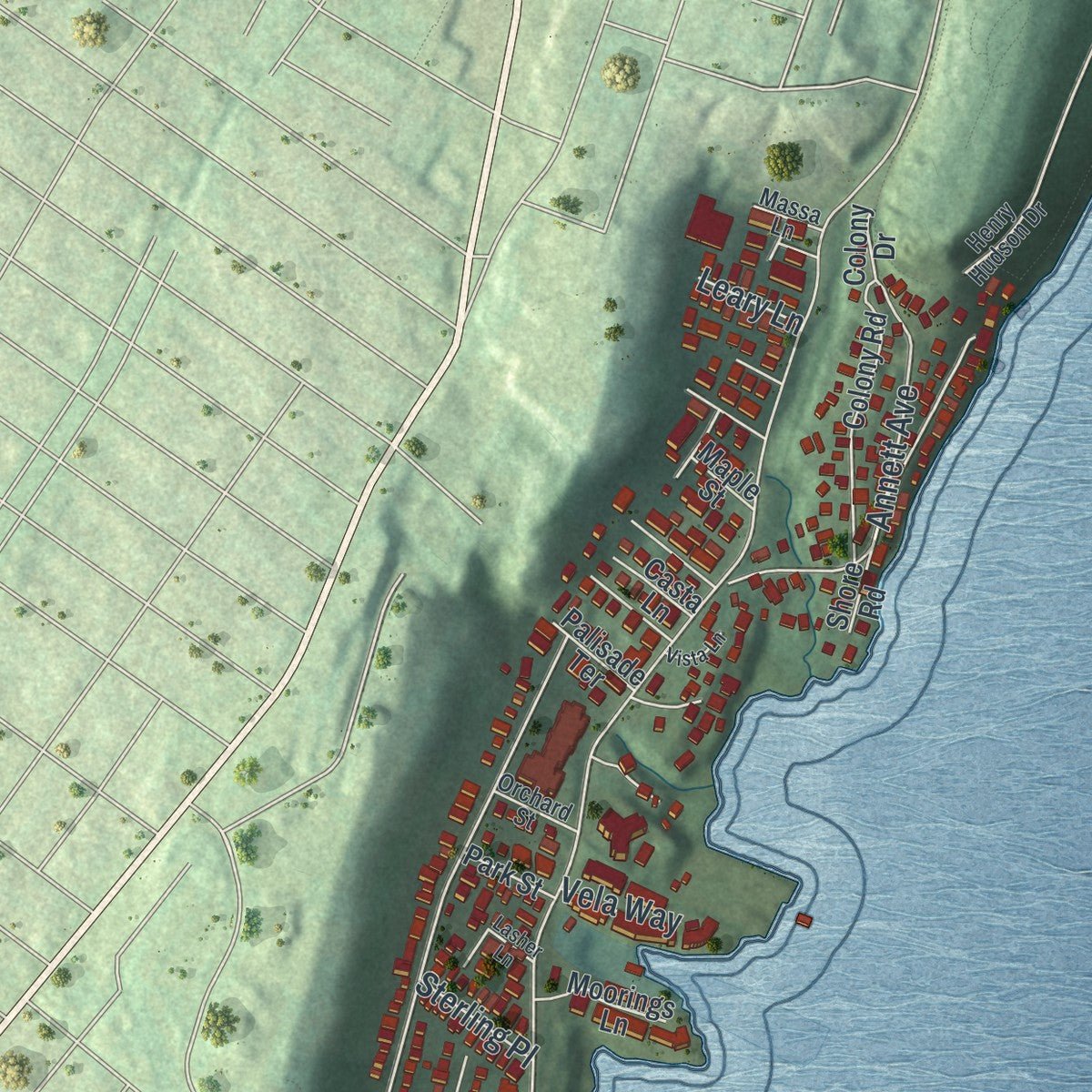 Close-up of the map of Edgewater, New Jersey print showing street and building detail