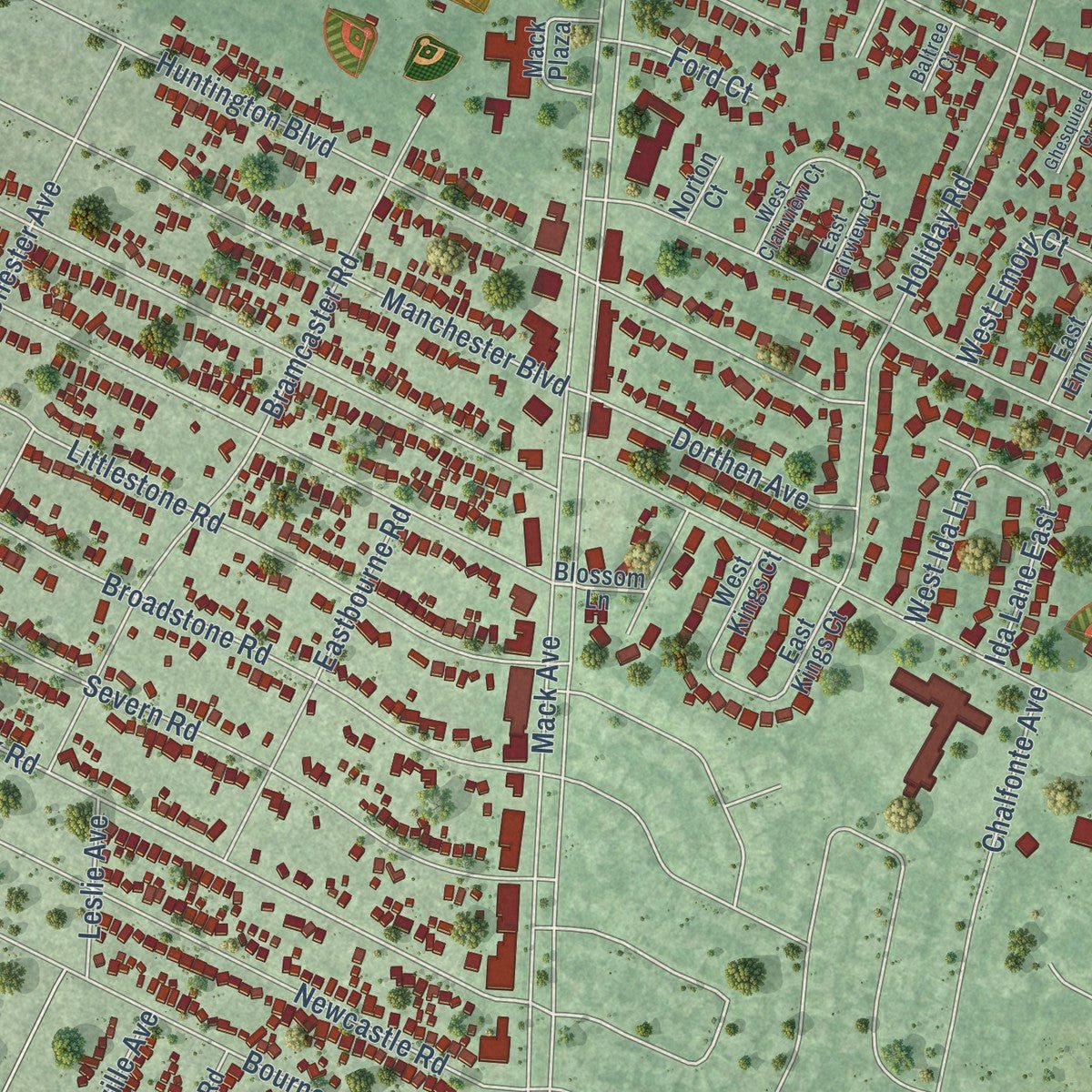 Close-up of the map of Grosse Pointe Woods, Michigan print showing street and building detail