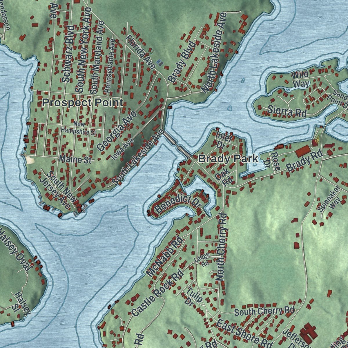 Close-up of the map of Lake Hopatcong, New Jersey print showing street and building detail