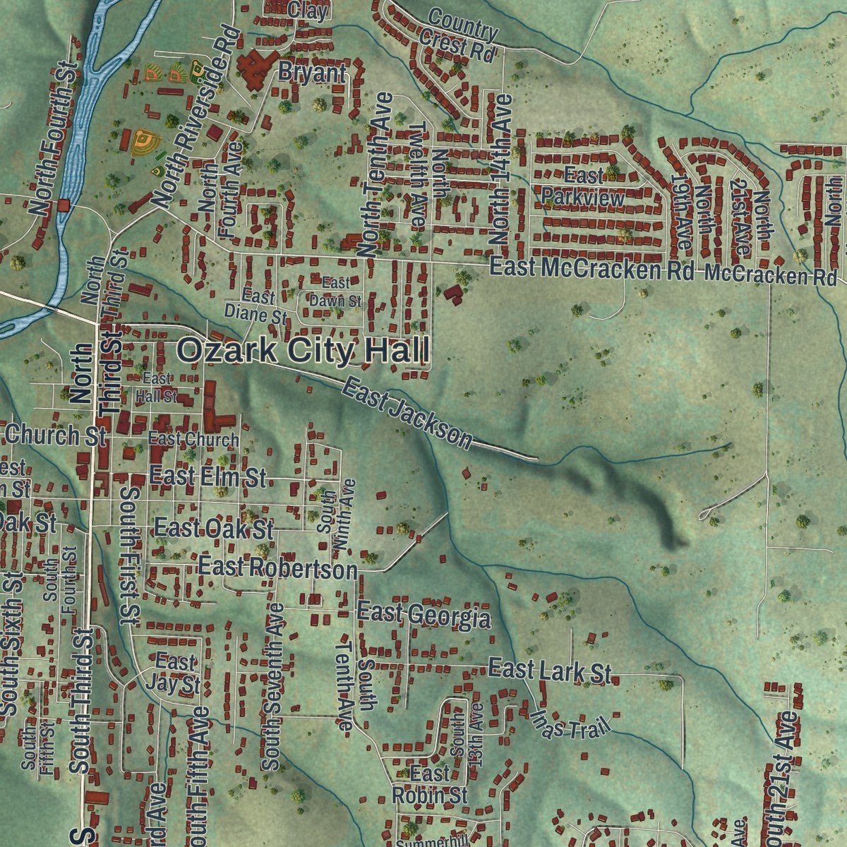 Close-up of the map of Ozark, Missouri print showing street and building detail