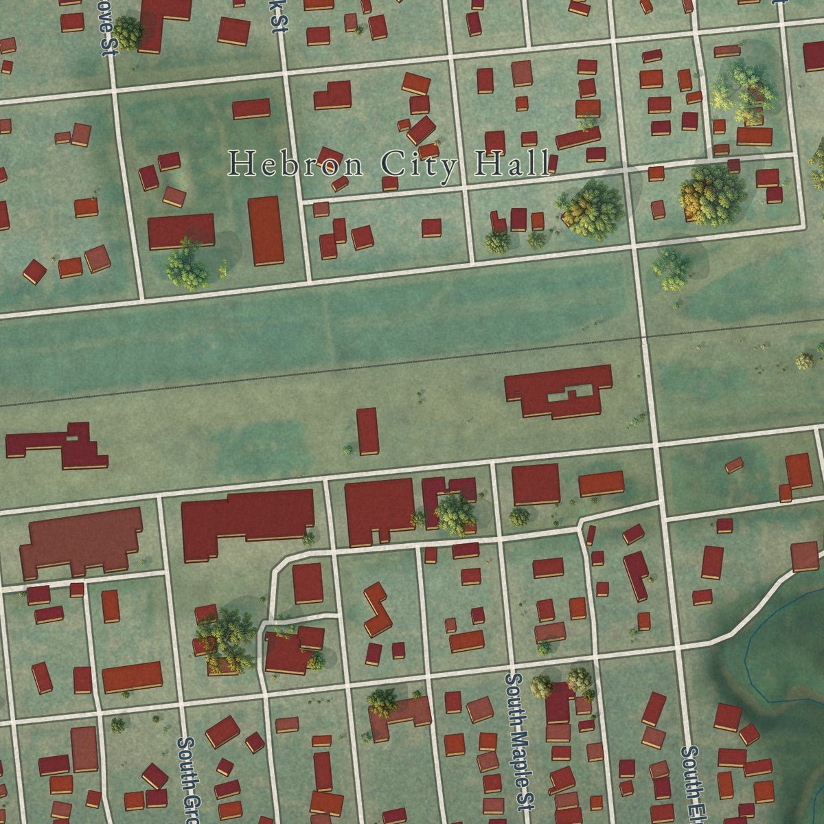 Close-up of the map of Hebron, North Dakota print showing street and building detail