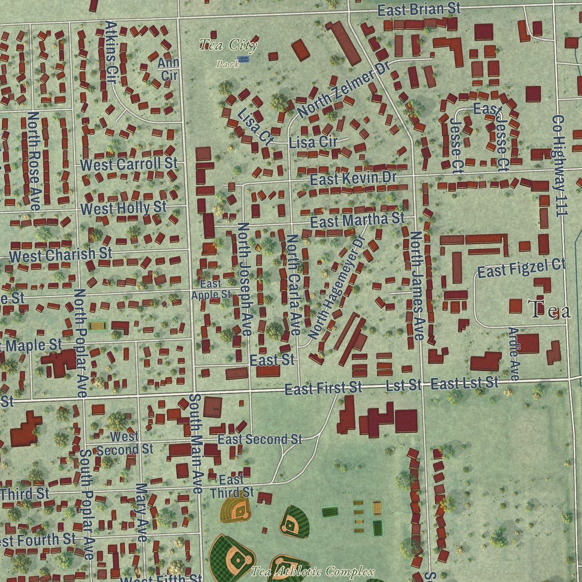 Close-up of the map of Tea, South Dakota print showing street and building detail