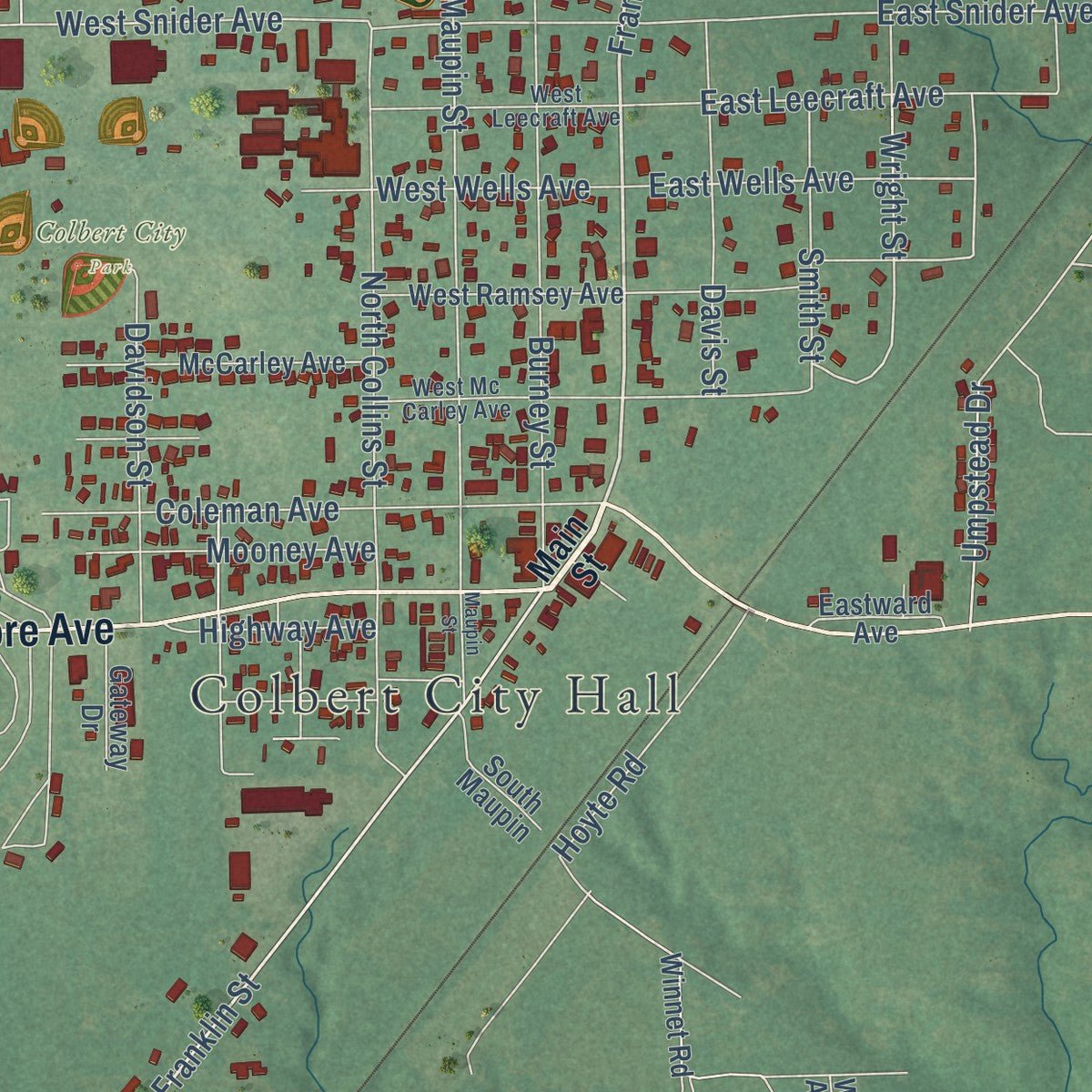 Close-up of the map of Colbert, Oklahoma print showing street and building detail