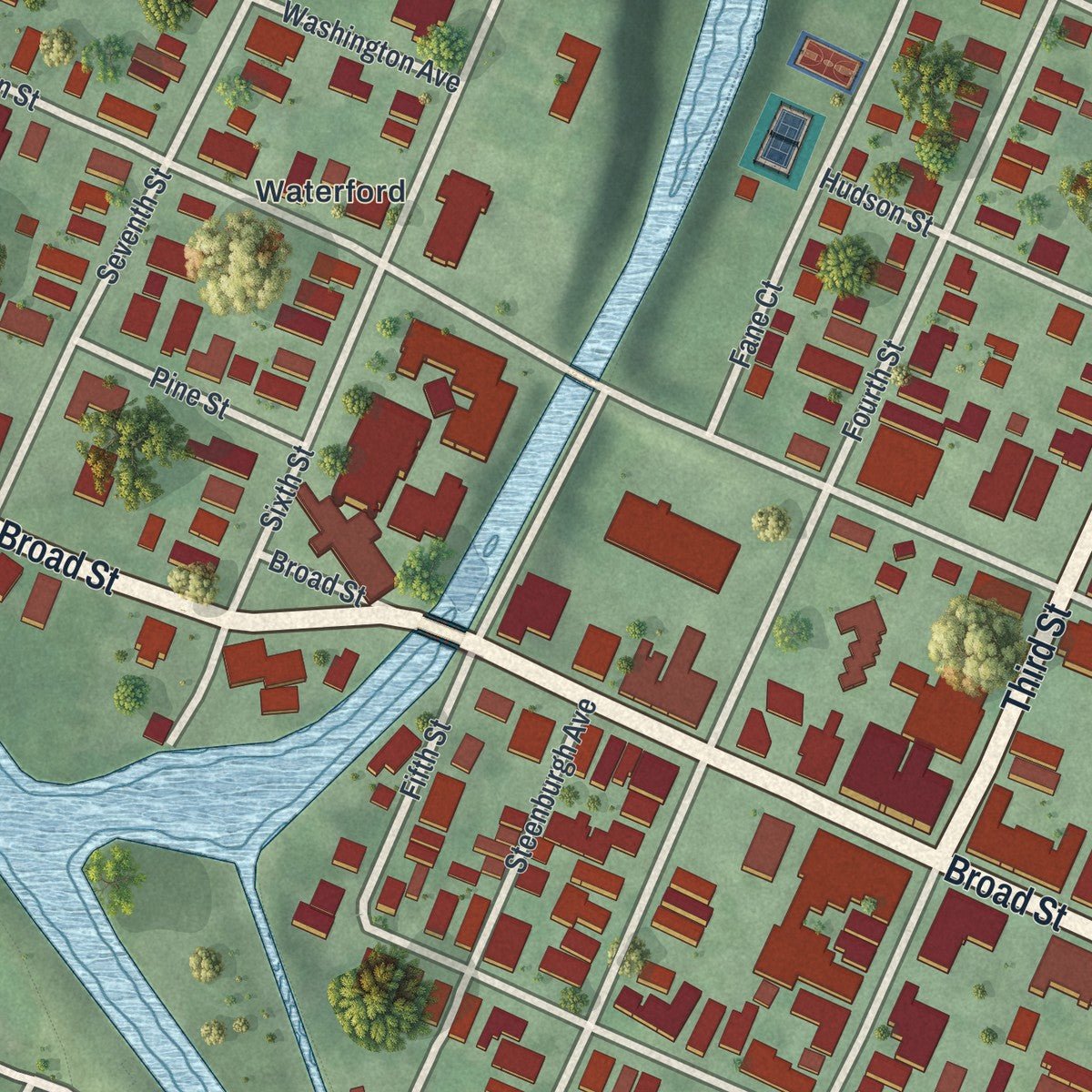 Close-up of the map of the Village of Waterford, New York print showing street and building detail
