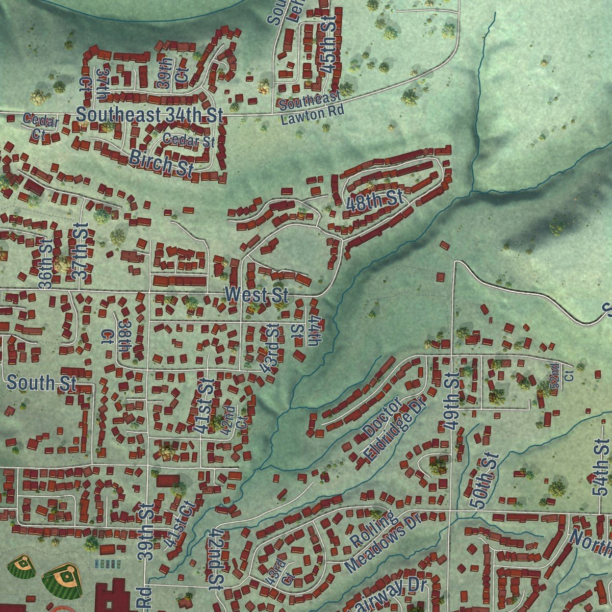 Close-up of the map of Washougal, Washington print showing street and building detail