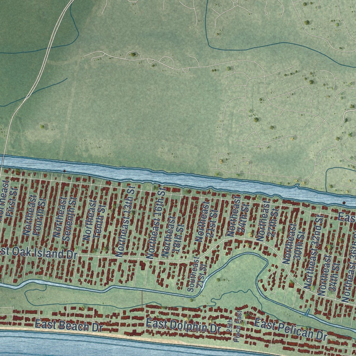 Close-up of the map of Oak Island, North Carolina print showing street and building detail