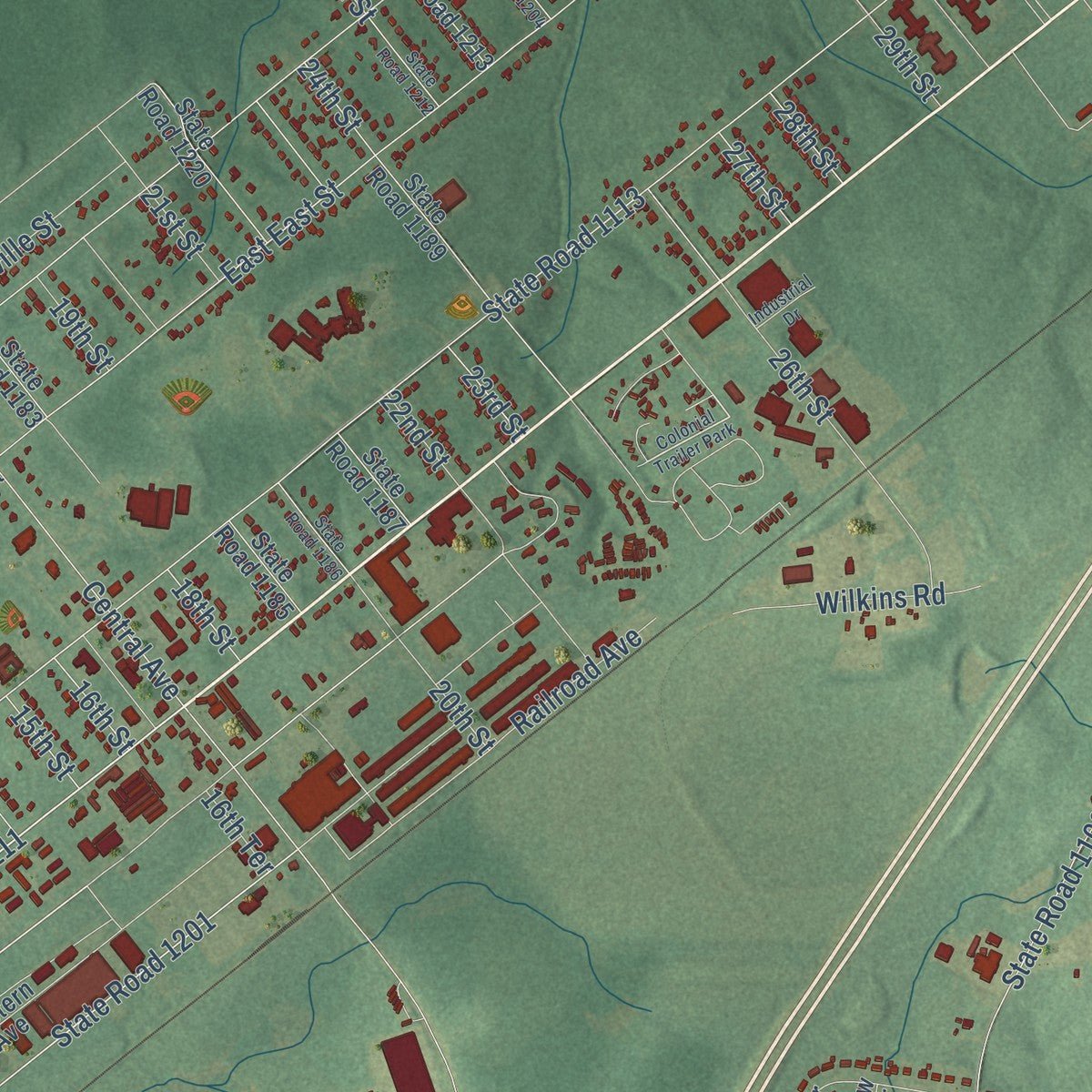 Close-up of the map of Butner, North Carolina print showing street and building detail