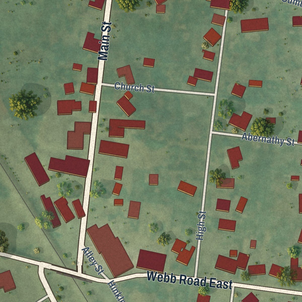 Close-up of the map of Bell Buckle, Tennessee print showing street and building detail
