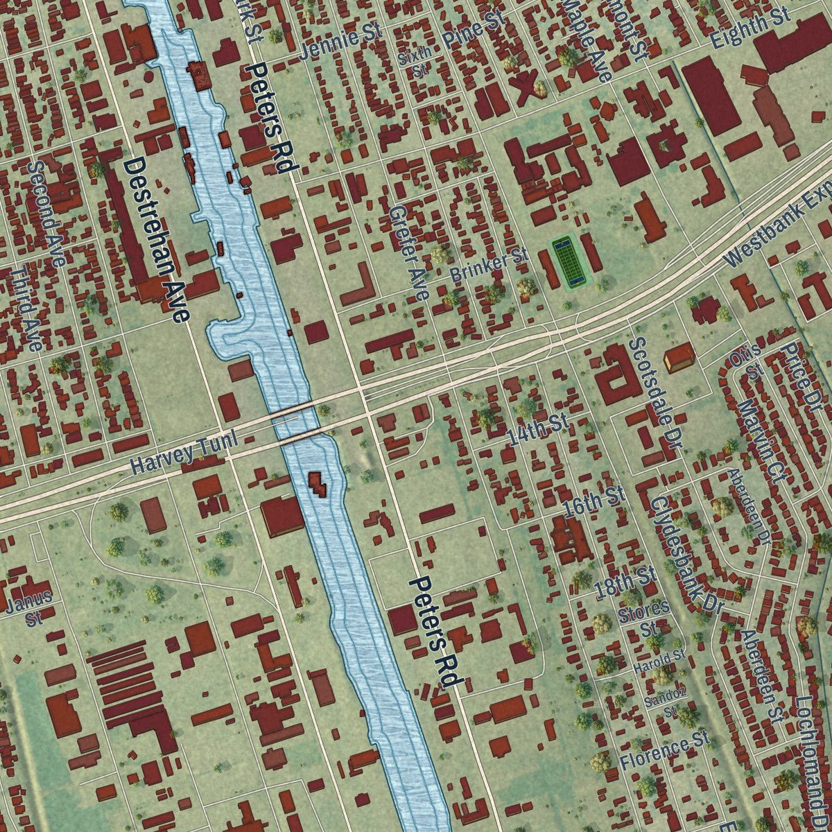 Close-up of the map of Harvey, Louisiana print showing street and building detail
