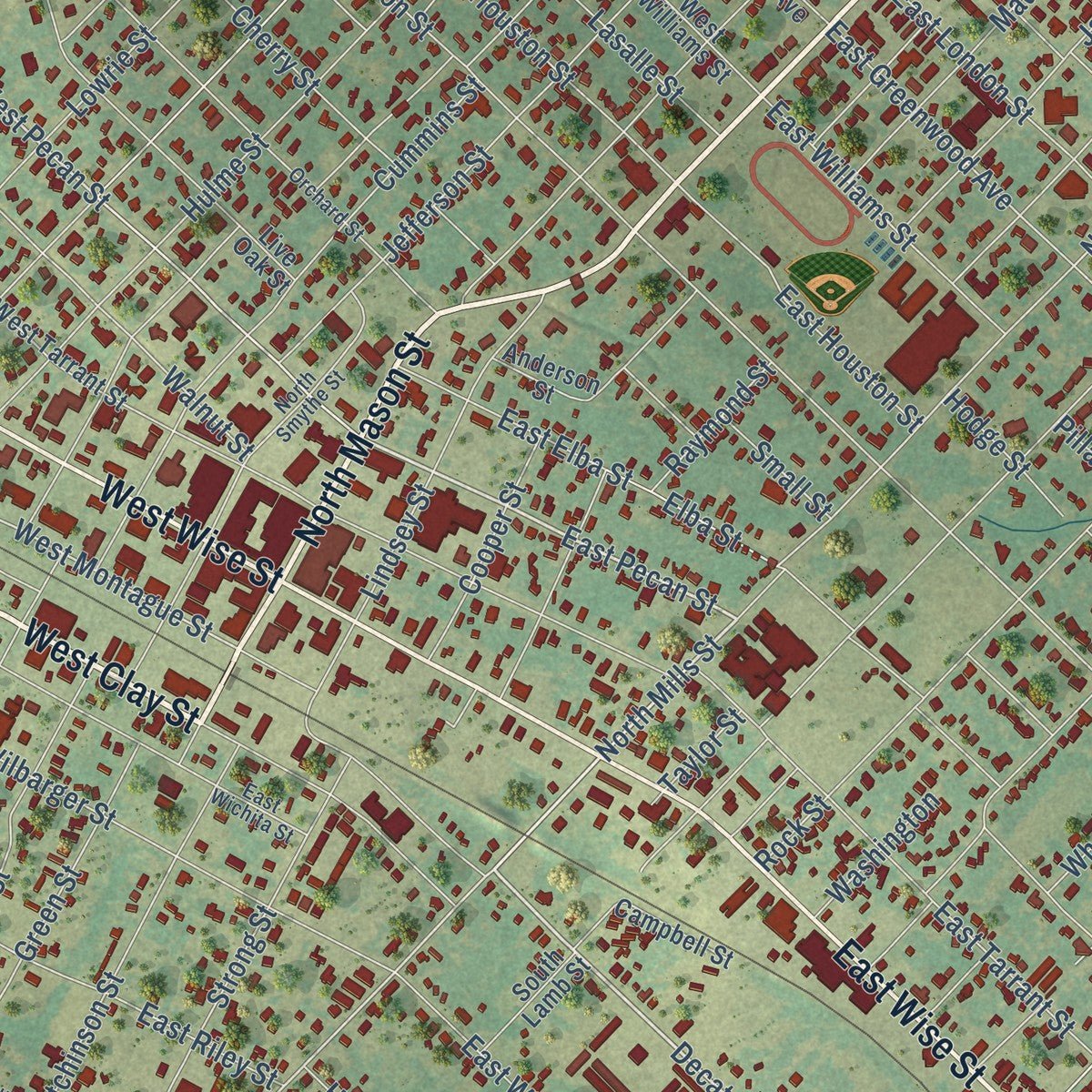 Close-up of the map of Bowie, Texas print showing street and building detail