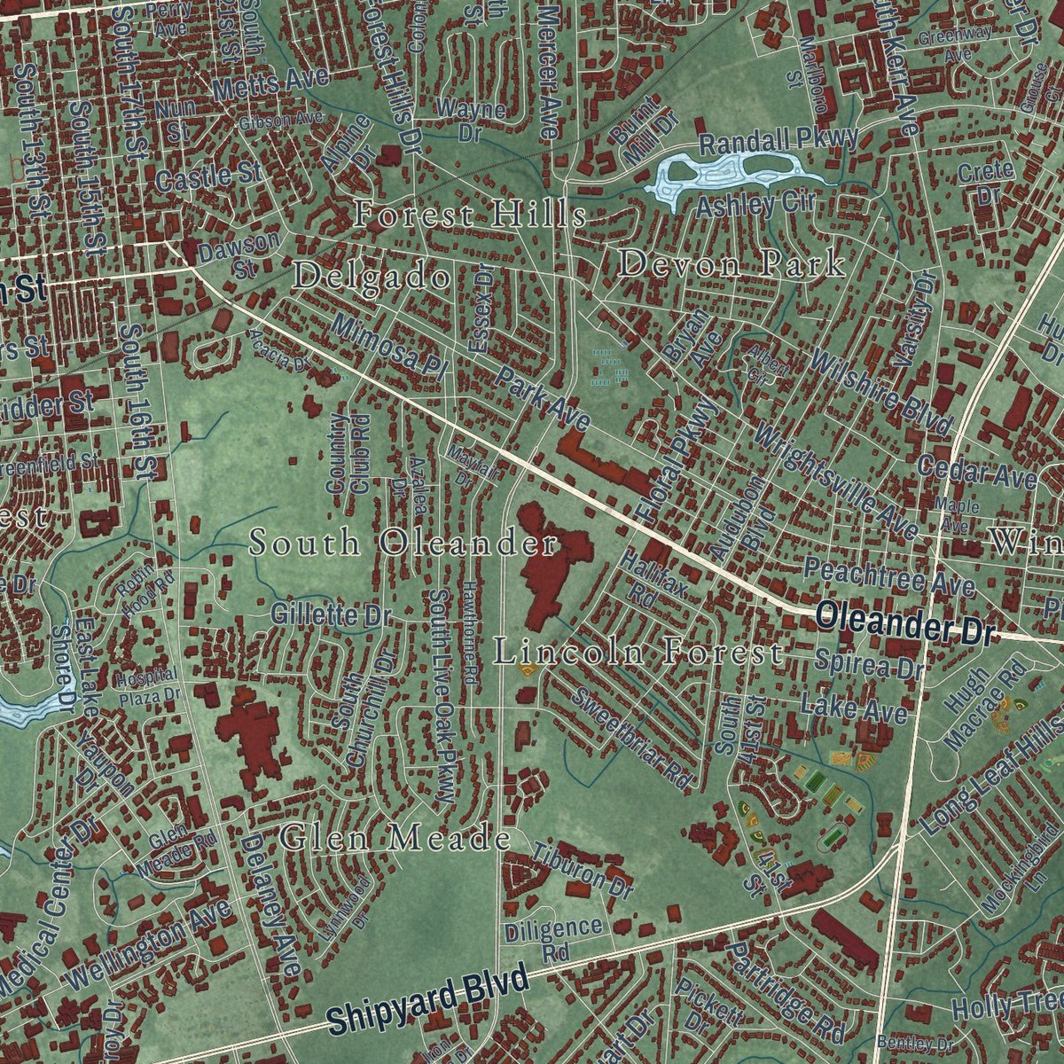 Close-up of the map of Wilmington, North Carolina print showing street and building detail