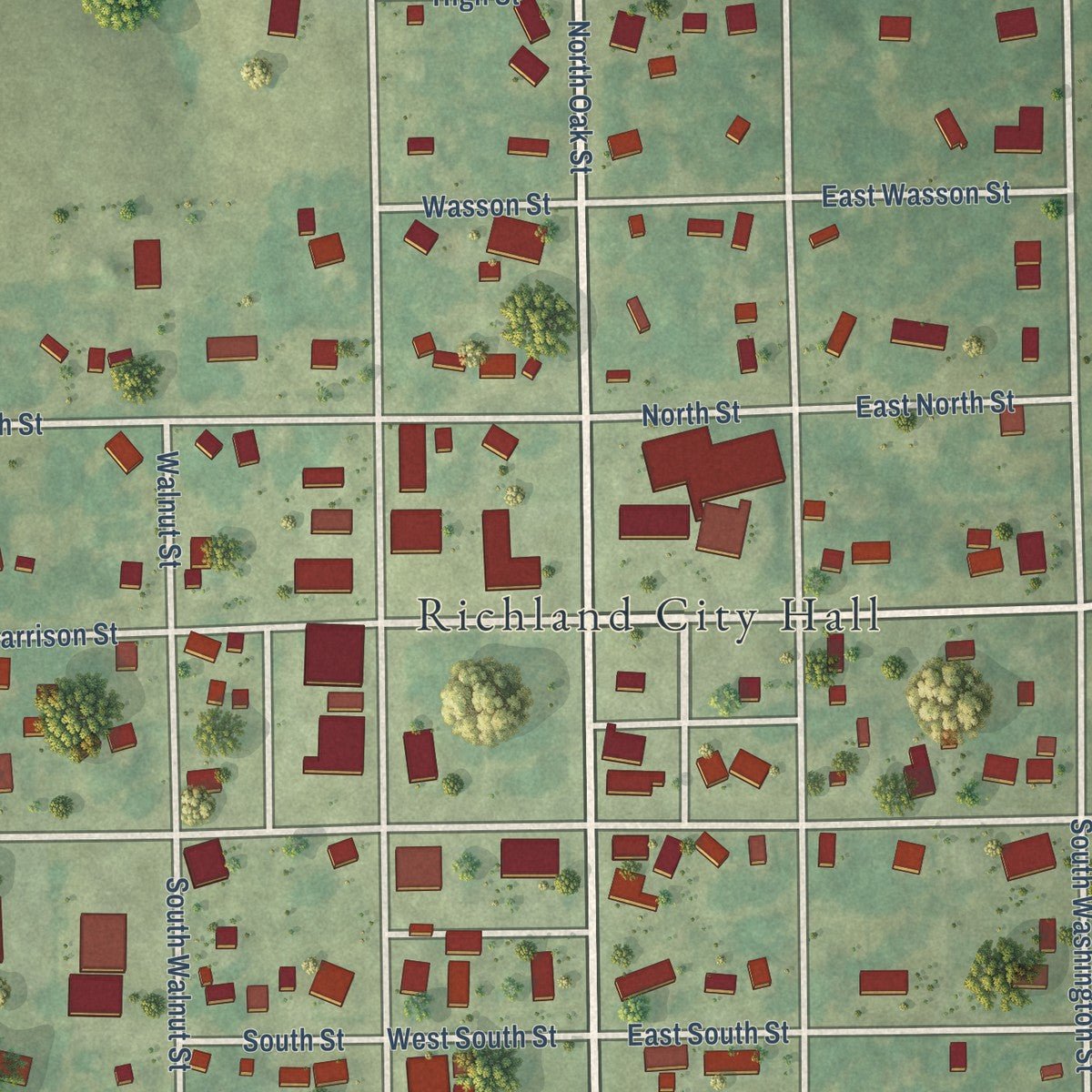 Close-up of the map of Richland, Iowa print showing street and building detail