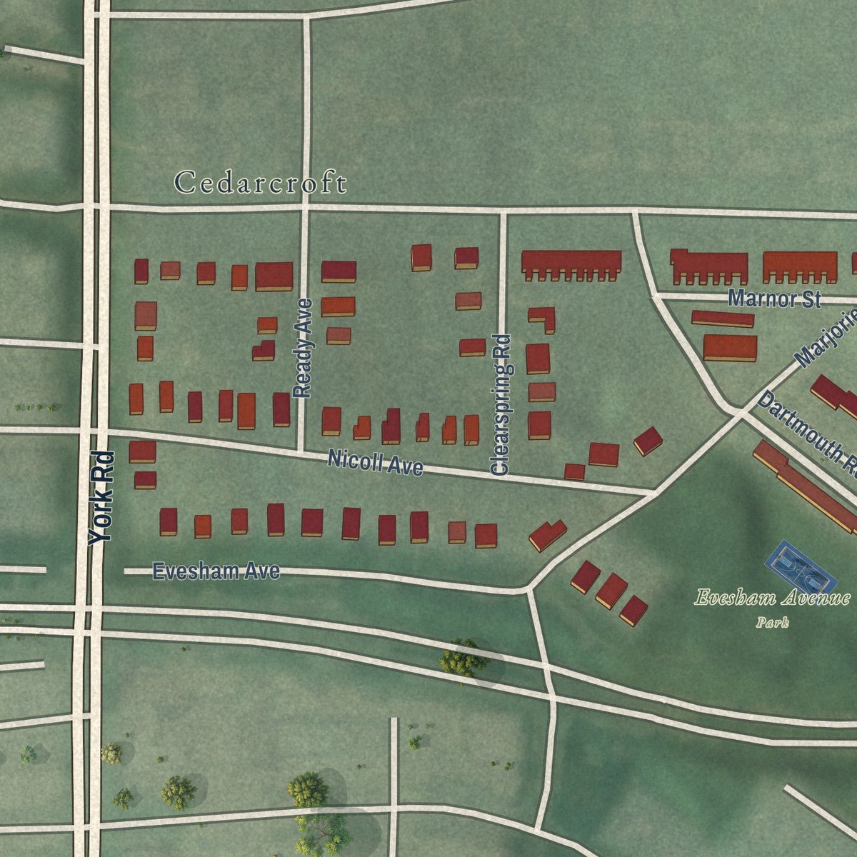 Close-up of the map of Evesham Park, Maryland print showing street and building detail