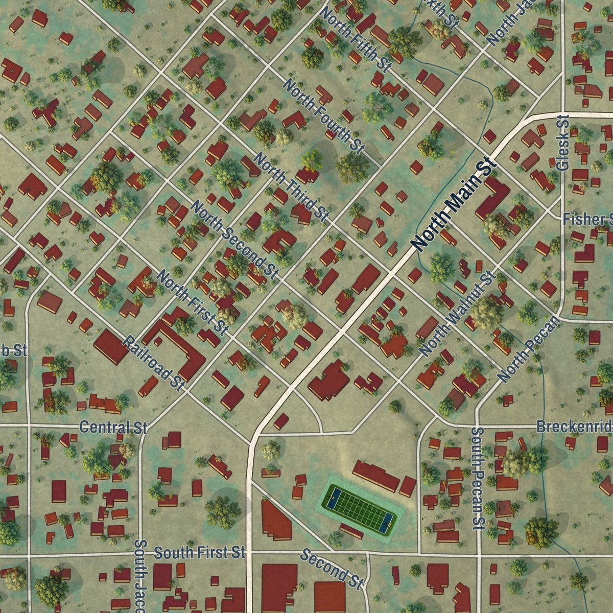 Close-up of the map of Albany, Texas print showing street and building detail