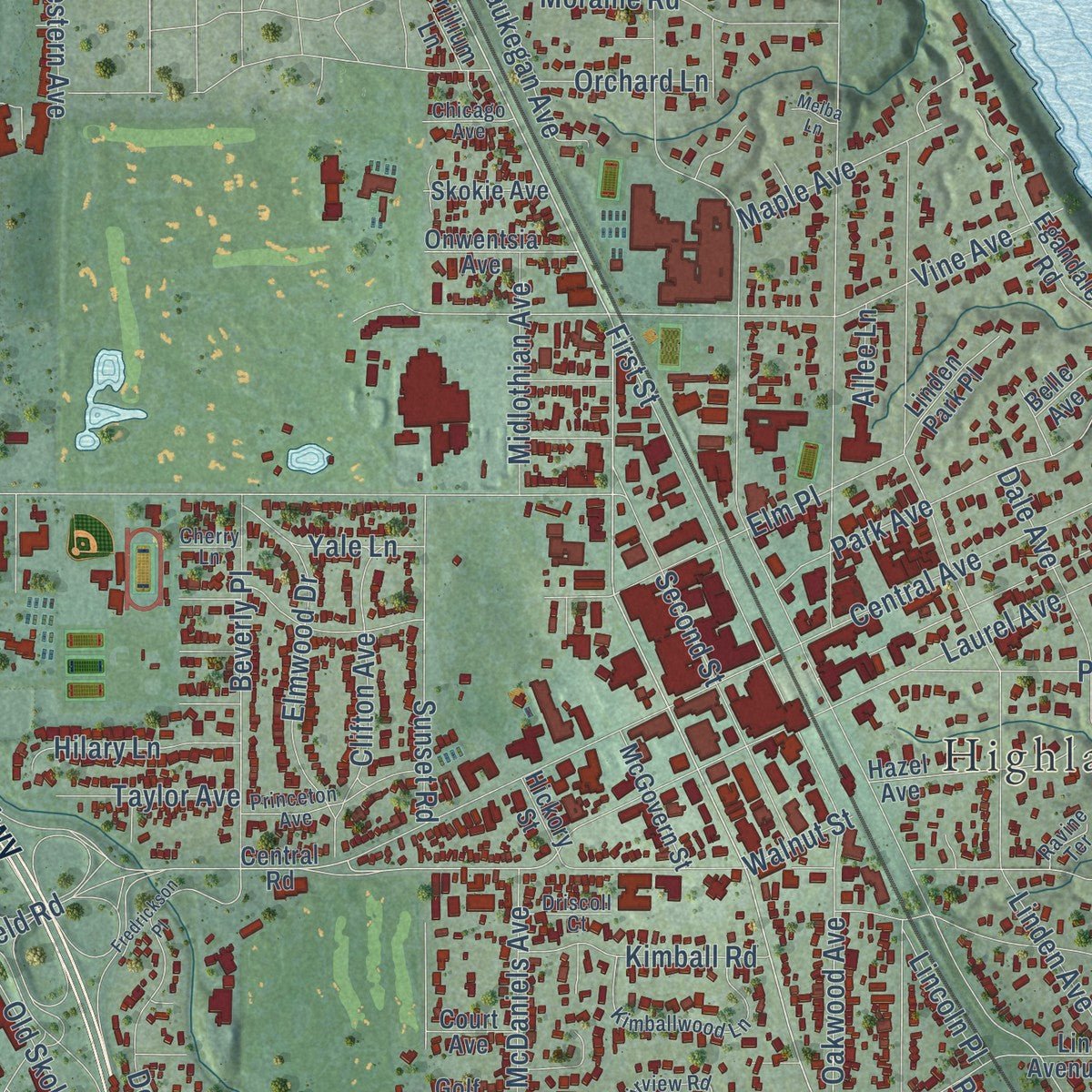 Close-up of the map of Highland Park, Illinois print showing street and building detail