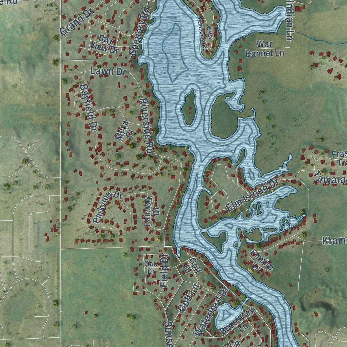Close-up of the map of Tichigan, Wisconsin print showing street and building detail
