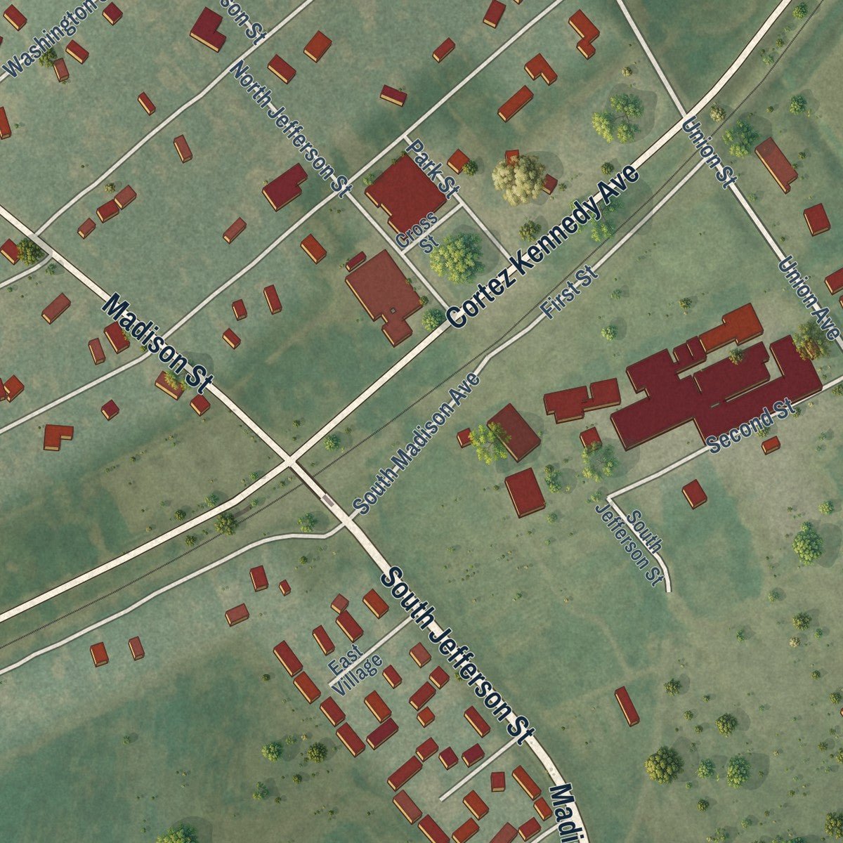 Close-up of the map of Wilson, Arkansas print showing street and building detail