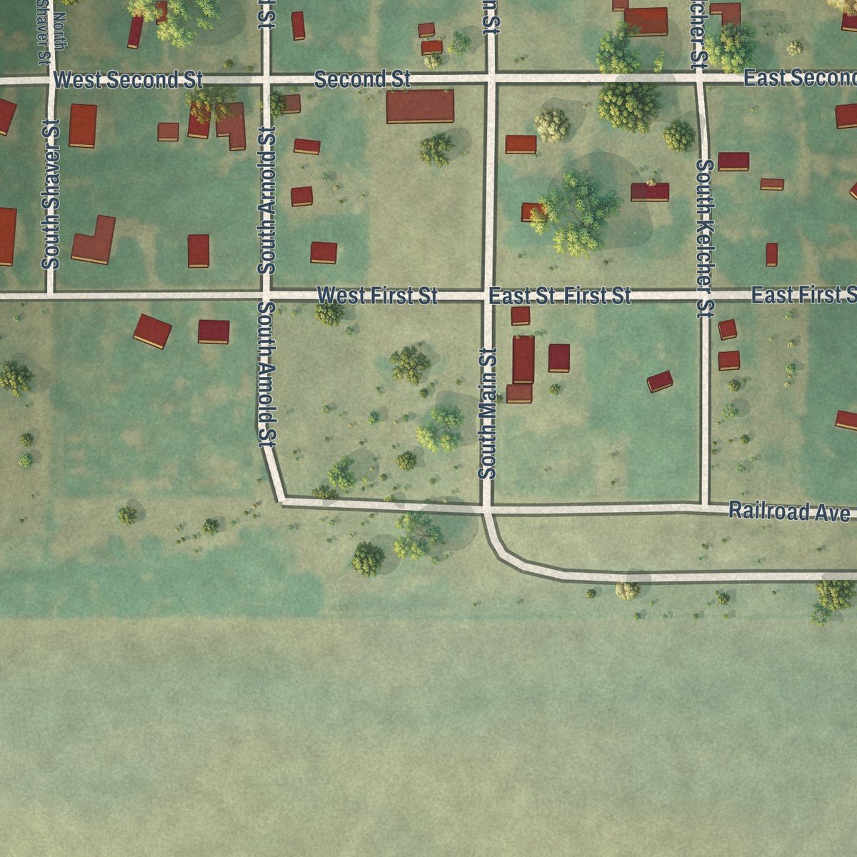 Close-up of the map of Deer Creek, Oklahoma print showing street and building detail